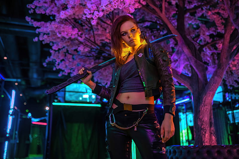 Women, Cosplay, Cyberpunk 2077, Girl, Leather Jacket, Model, Sword, Woman,  HD wallpaper