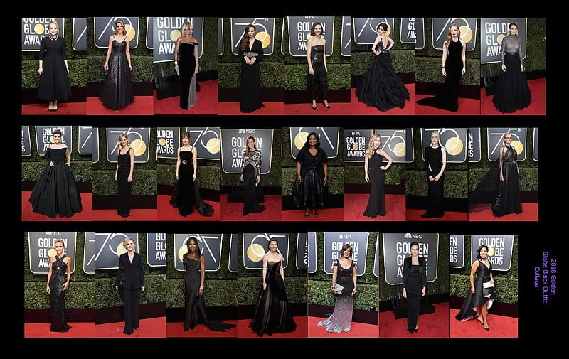2018 Golden Globe Black Outfit Collage, Golden Globes, jewels, black gown, solidarity, elegant, women, twenty eighteen, high heels, designers, fashion, HD wallpaper