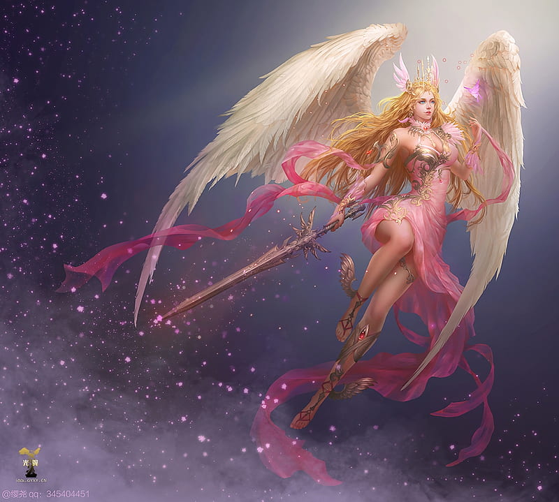 Angel, wings, luminos, game, fantasy, girl, white, league of angels, pink, blue, HD wallpaper