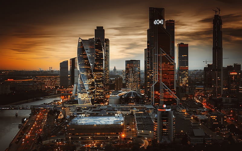 Moscow City, evening, sunset, skyscrapers, modern buildings, Moscow, Russia, HD wallpaper
