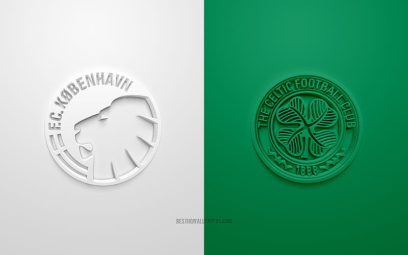 FC Copenhagen vs Celtic, UEFA Europa League, 3D logos, promotional materials, green-white background, Europa League, football match, Celtic FC, FC Copenhagen, HD wallpaper