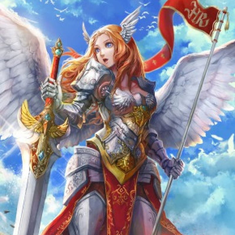 Paladin Wings, blond, cg, bonito, wing, fantasy, blade, anime, feather, beauty, anime girl, weapon, long hair, sword, female, wings, cloud, brown hair, angel, blonde, blonde hair, sky, blond hair, armor, girl, fantasy girl, HD wallpaper