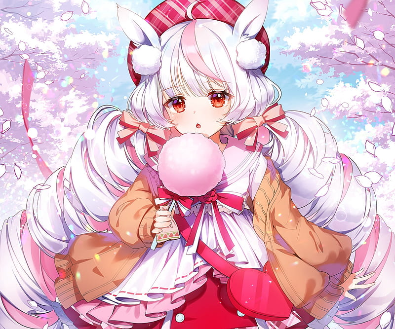 cute anime girl, loli, animal ears, sakura blossom, ribbons, cotton candy, Anime, HD wallpaper