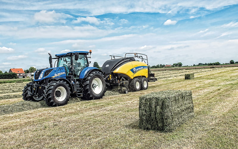 New Holland T7260, tractor, New Holland BigBaler 890 Plus CropCutter, harvesting concepts, field, agricultural machinery, New Holland, HD wallpaper