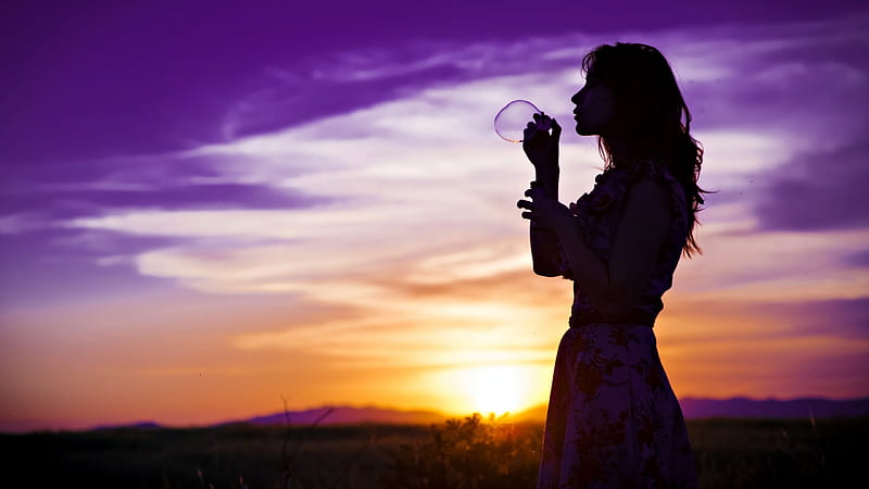 colorful, purple sky, summer time, playful, bonito, sunset, woman, clouds, hair, splendor, purple sunset, bubbles, hand, beauty, playing, amazing, bubble, female, lovely, view, colors, sky, silhouette, girl, purple, peaceful, summer, nature, lady, landscape, HD wallpaper
