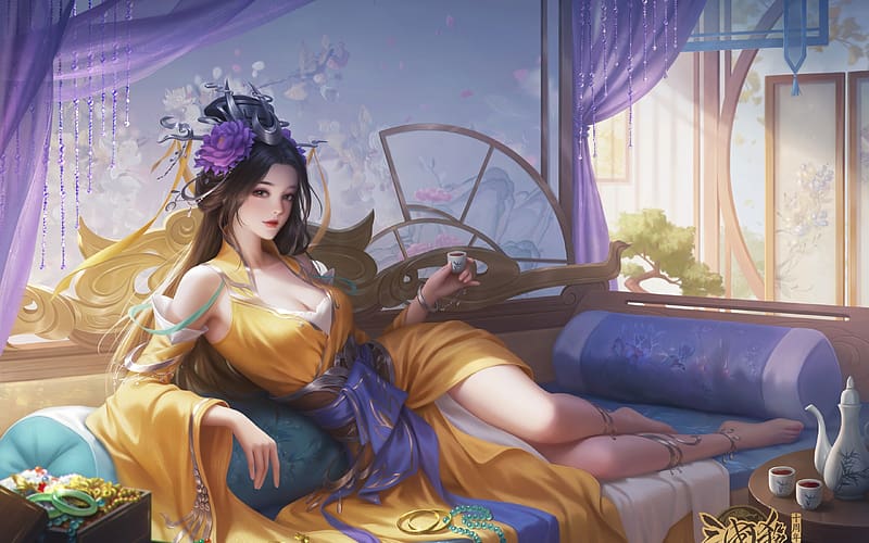 Princess, yellow, gorgeous, girl, cup, blue, frumusete, sofa, purple, superb, fantasy, HD wallpaper