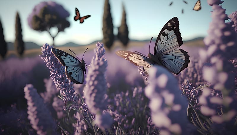Butterflies flying over lavender flowers, Field, Flowers, Meadow, Colorful, HD wallpaper