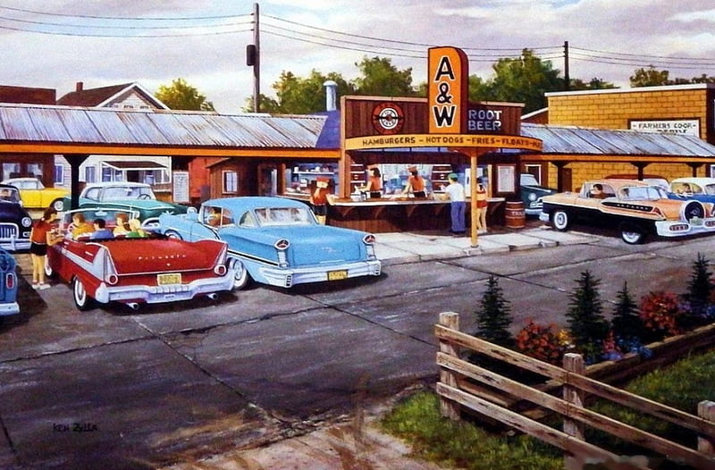 Roadside Cuisine, fence, carros, restaurant, painting, street, artwork, HD wallpaper