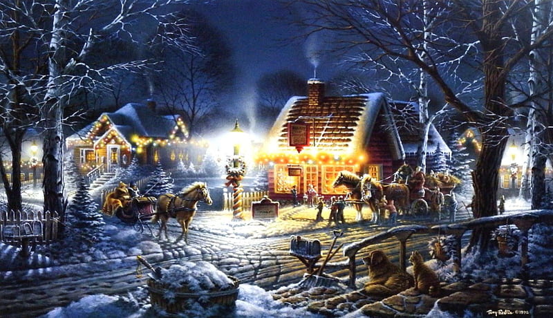 Sweet Memories, houses, cart, cat, horse, artwork, winter, snow, people, painting, village, light, dog, night, HD wallpaper