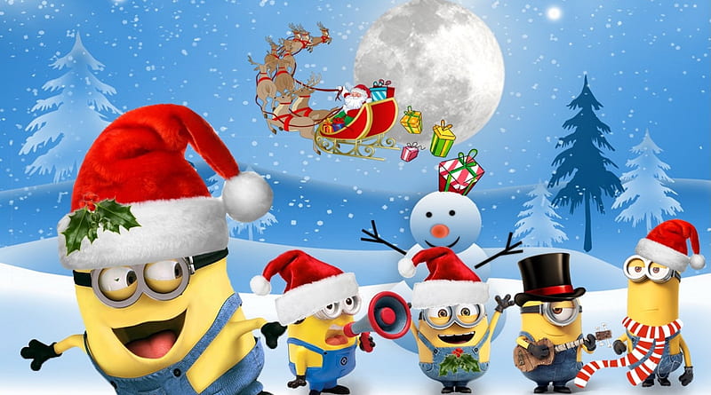 Minion Christmas Helpers, Christmas, minions, Feliz Navidad, full moon, Despicable Me, Santa Claus, snowman, winter, HD wallpaper