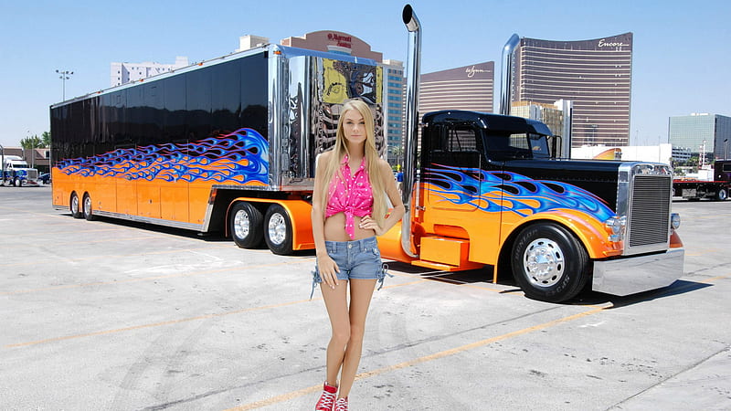 Nancy Ace Posing with a Fancy Rig, blonde, truck, model, shorts, HD wallpaper