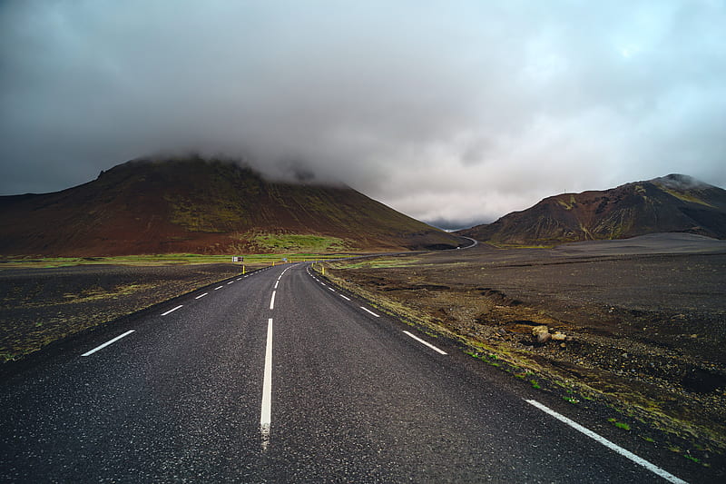 mountains, fog, road, marking, HD wallpaper