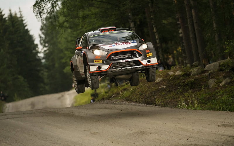 WRC, Ford Fiesta, Rally, race, car jumping, flying cars, HD wallpaper