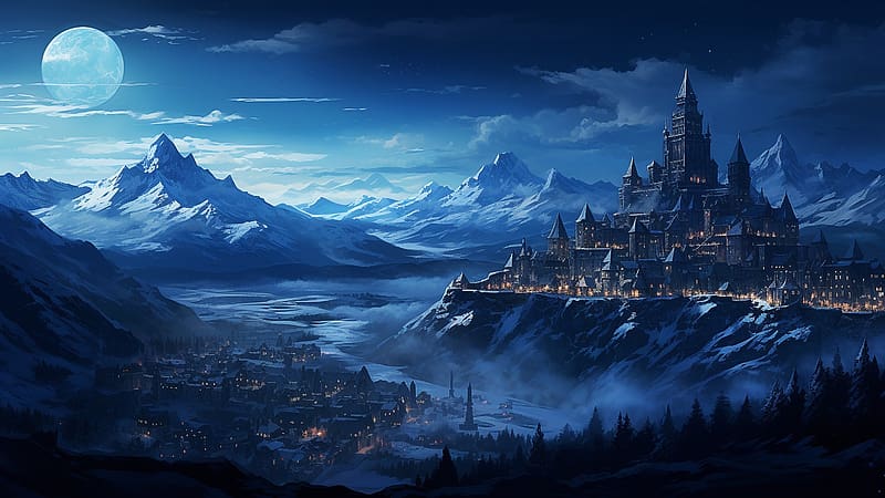 Castle, moon, night, blue, fantasy, art, HD wallpaper