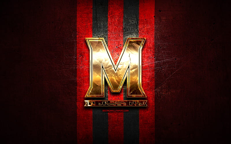 Maryland Terrapins, golden logo, NCAA, red metal background, american football club, Maryland Terrapins logo, american football, USA, HD wallpaper