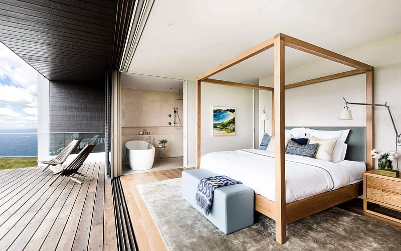 interior bedroom, country house, modern bedroom design, wooden bed, HD wallpaper