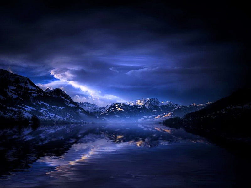 Moody blue night, mountains, beauty, clouds, lake, blue, HD wallpaper