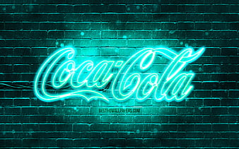 Coca-Cola turquoise logo turquoise brickwall, Coca-Cola logo, brands, Coca-Cola neon logo, Coca-Cola, HD wallpaper