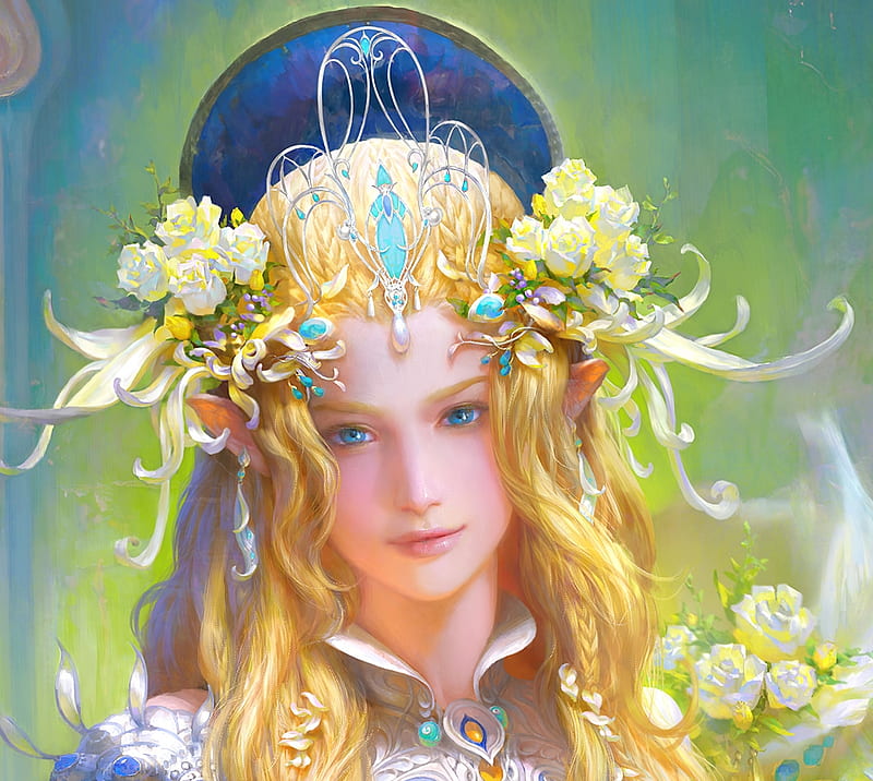 Fairy, art, frumusete, luminos, yellow, jingpeng xu, fantasy, girl, green, face, blue, HD wallpaper