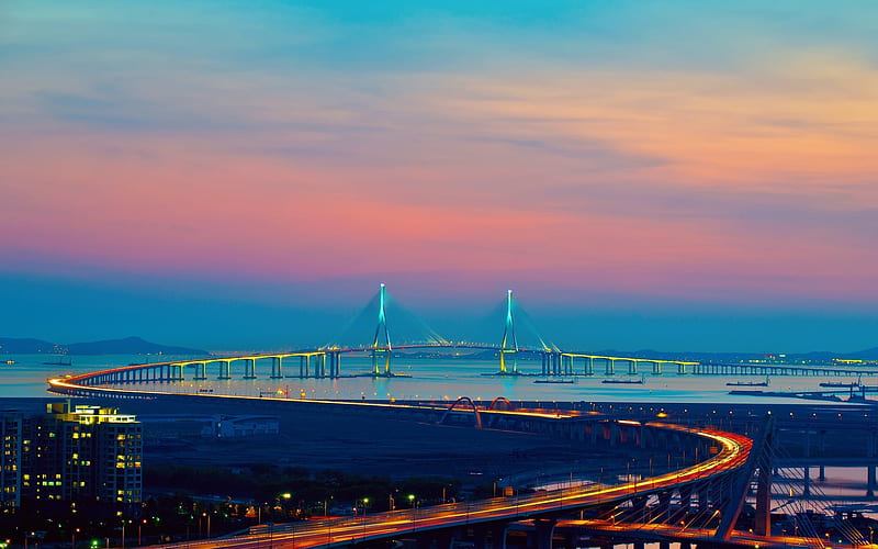 Incheon, sunset, Incheon bridge, skyline, Korea, HD wallpaper