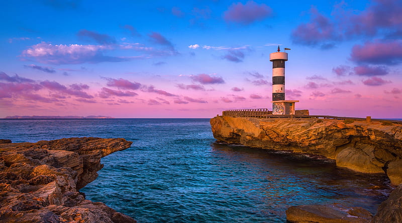 Lighthouse Ultra, Nature, beach, Ocean, Blue, Purple, Rocks, Lighthouse, Seascape, HD wallpaper