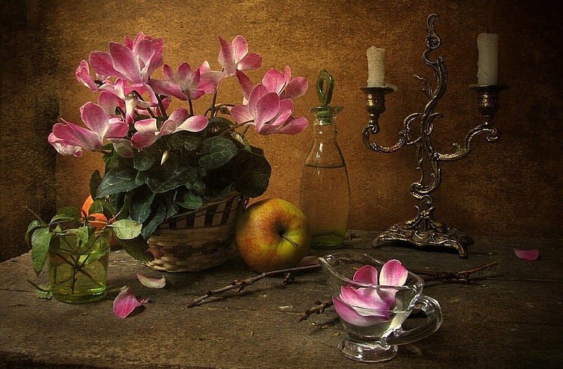 still life, pretty, pot, bonito, old, fruit, candlestick, graphy, nice, flowers, beauty, pink, harmony, amazing, apple, candle, lovely, romantic, delicate, candles, water, twigs, cool, cup, flower, petals, great, HD wallpaper