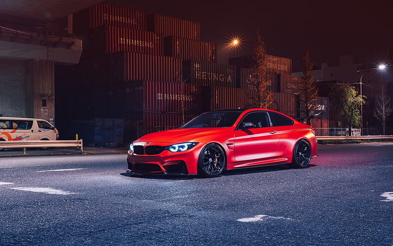 BMW M4, F82, red sports coupe, night, red M4, tuning M4, black wheels, German cars, BMW, HD wallpaper