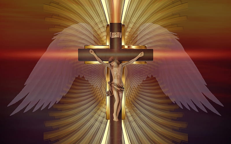 Crucifix, wings, cross, Jesus, HD wallpaper