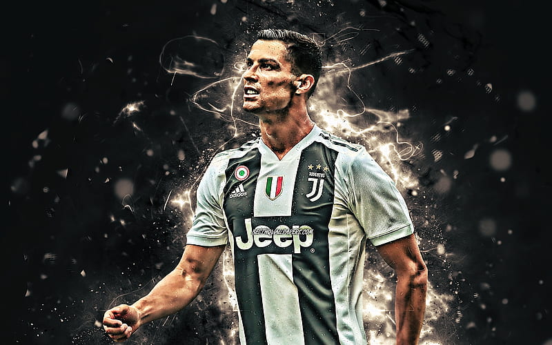 Cristiano Ronaldo, close-up, CR7 Juve, Bianconeri, striker, portuguese footballers, Juventus FC, abstract art, soccer, Serie A, Ronaldo, neon lights, CR7, HD wallpaper