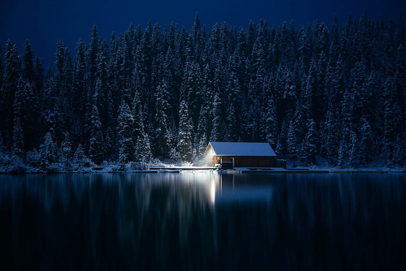 Winter night, boathouse, trees, lake, night, winter, HD wallpaper