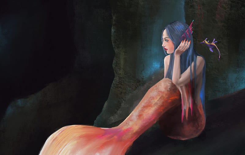 Mermaid and seahorse, si s, summer, mermaid, siren, art, luminos, orange, vara, fantasy, seahorse, sisart, blue, HD wallpaper