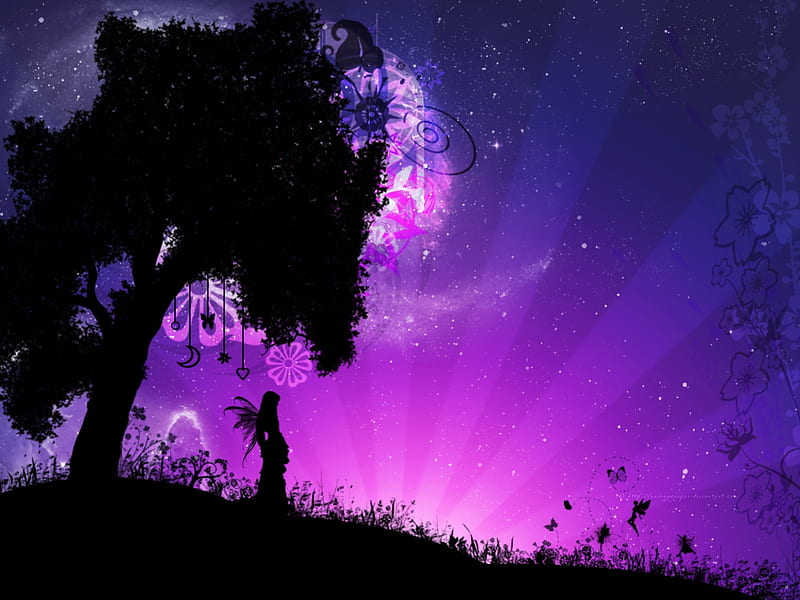 Lonly-Fairy, dusk, tree, blue, fairy, HD wallpaper