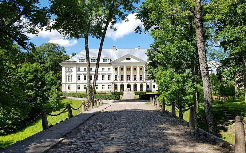 Kazdanga Palace in Latvia, summer, Latvia, park, road, palace, trees, HD wallpaper