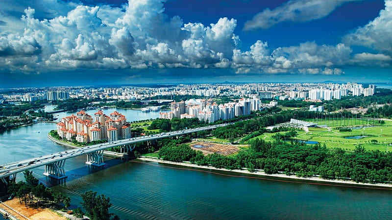 clouds over a river bridge in singapore, city, bridge, river, park, clouds, HD wallpaper