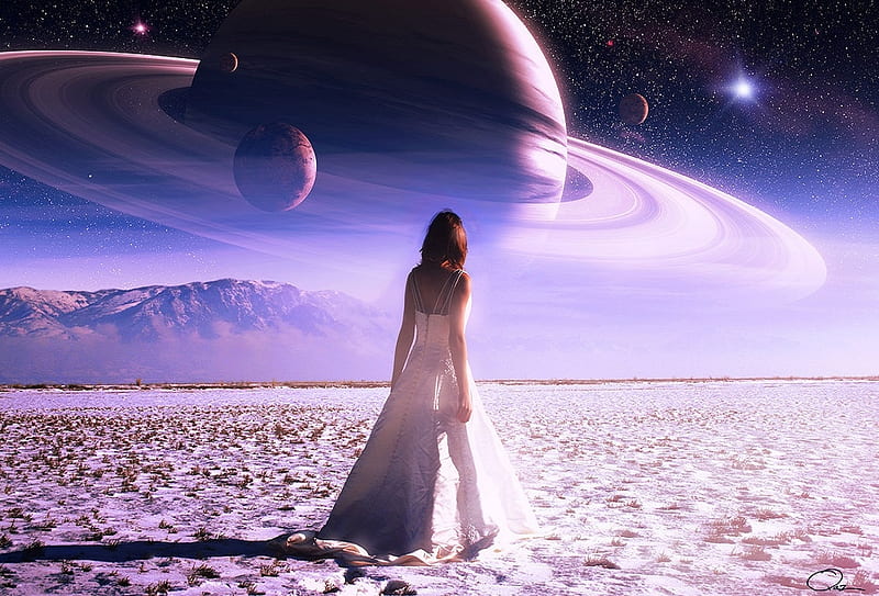 Dream of Saturn, stars, planets, moon, girl, space, mountains, sky, saturn, HD  wallpaper | Peakpx