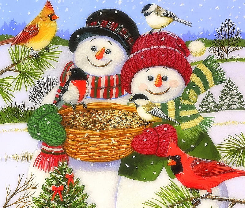 Snow Couple Feeding Birds, Christmas, snowmen, holidays, love four seasons, birds, xmas and new year, winter, snow, winter holidays, couple, animals, HD wallpaper