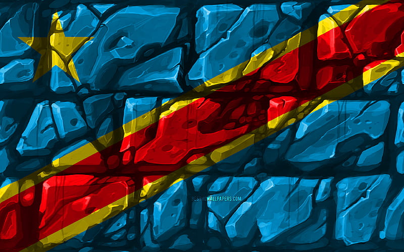 Democratic Republic of Congo flag, brickwall African countries, national symbols, Flag of DR Congo, creative, DR Congo, Africa, DR Congo 3D flag, HD wallpaper
