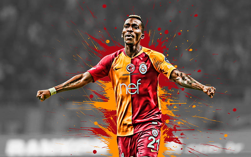 Henry Onyekuru Galatasaray, Nigerian football player, striker, red orange paint splashes, creative art, Turkey, football, Onyekuru, HD wallpaper