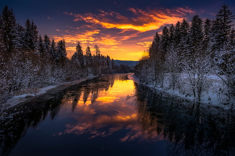 Sunset And Winter River, HD wallpaper