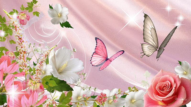 Abundance of Flowers, stars, glow, butterflies, spring, roses, vine, summer, flowers, pink silk, HD wallpaper