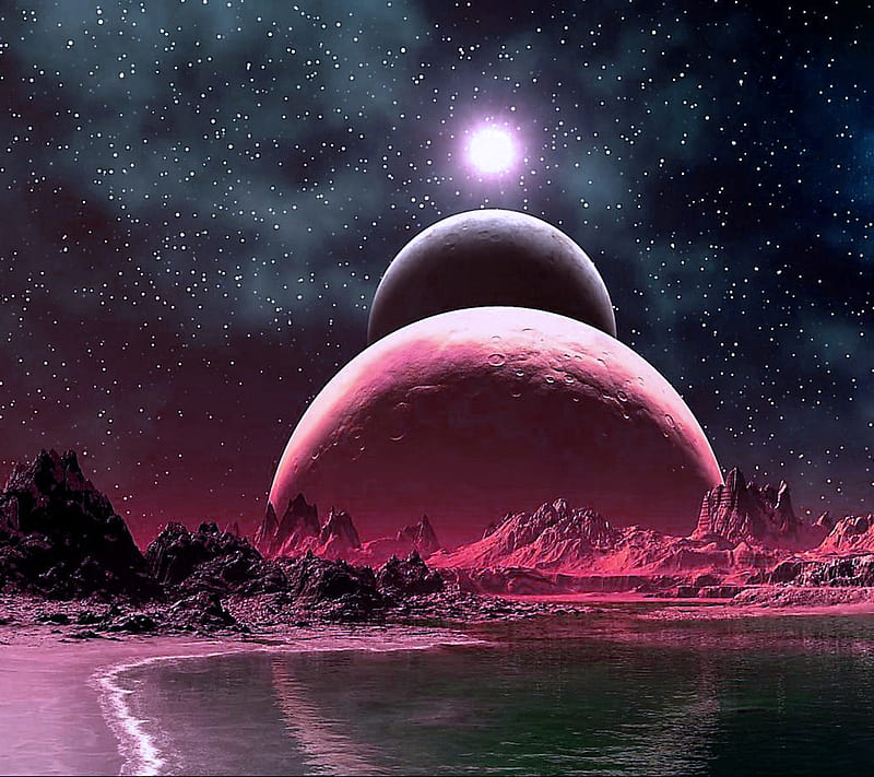 Space, galaxy, moon, pink, planet, sky, HD wallpaper