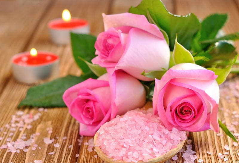 .:Pink Beauty Roses.:, candle, salt from bath, beauty, salt, roses, pink, pink roses, HD wallpaper