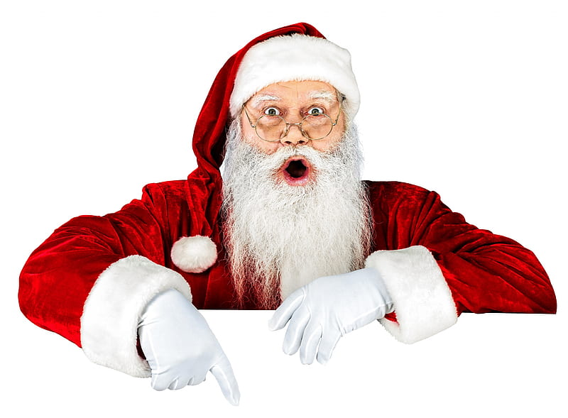 Santa Claus, red, craciun, christmas, man, old, hat, card, hand, surprised, white, HD wallpaper