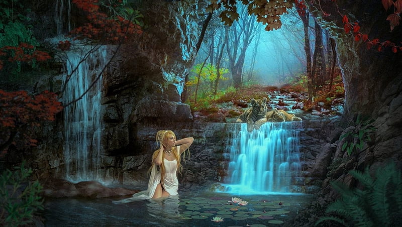 My cave, luminos, fantasy, water, vara, girl, shiny shadows art, summer, waterfall, blue, HD wallpaper