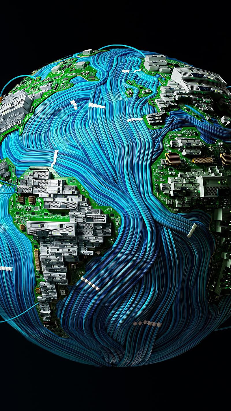 Three D, 3d Digital Earth, earth, circuit boards, wires, HD phone wallpaper