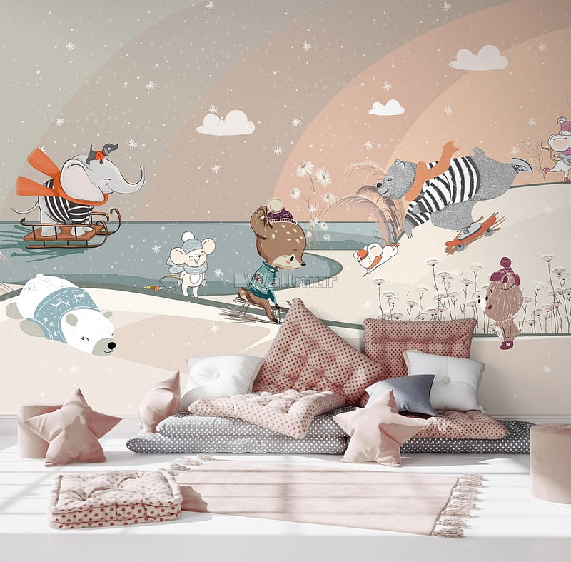 Nursery Snowy Landscape with Cute Cartoon Animals Mural - • Wallmur®, Cartoon Room, HD wallpaper