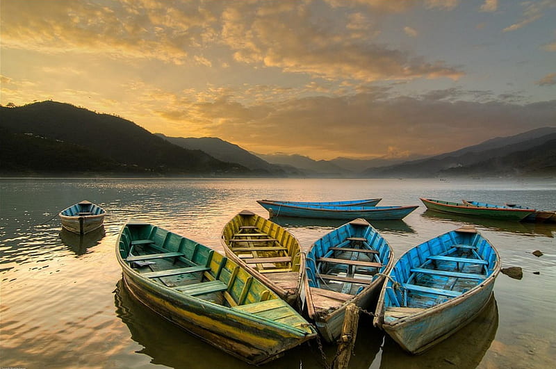 colored rowboats on a lake at sundown, sundown, boats, anchored, colors, lake, HD wallpaper