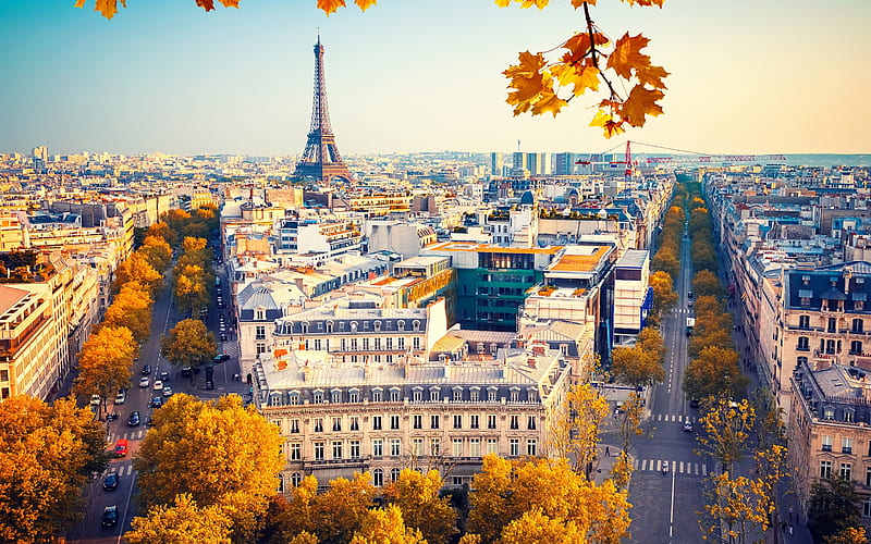 Eiffel Tower, Paris, Autumn, yellow trees, cityscape, streets, Paris attractions, France, HD wallpaper