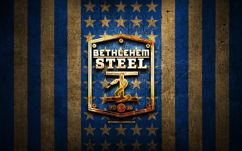 Bethlehem FC flag, USL, blue brown metal background, american soccer club, Bethlehem FC logo, USA, soccer, Bethlehem FC, golden logo, HD wallpaper