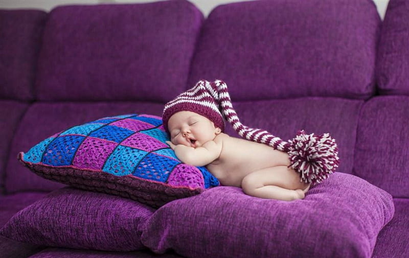 Sweet Dreams, cute, pillow, purple, sofa, baby, HD wallpaper